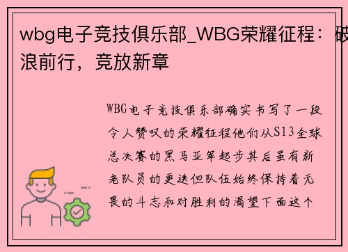 wbg电子竞技俱乐部_WBG荣耀征程：破浪前行，竞放新章